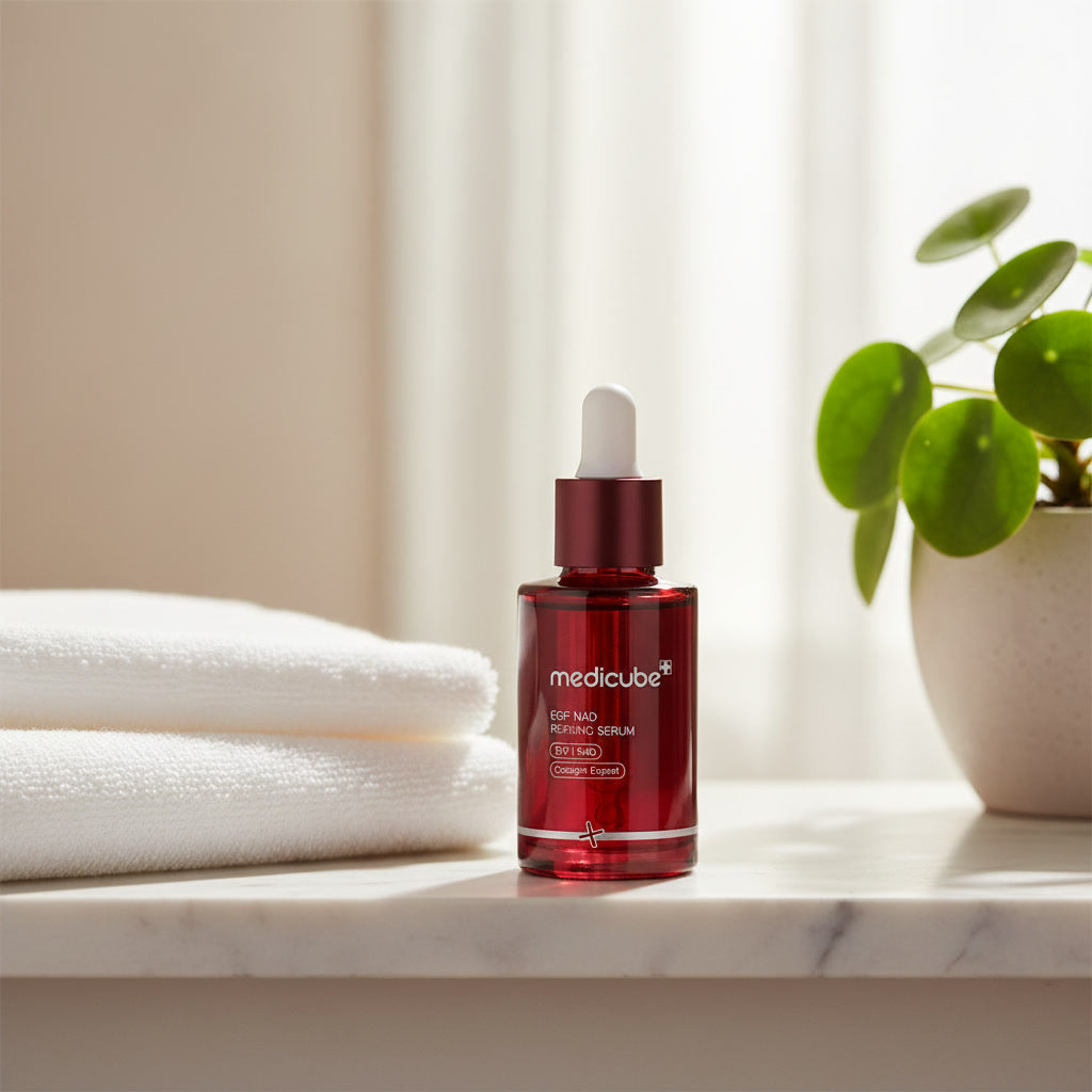 Sérum Medicube EGF NAD en una repisa de baño